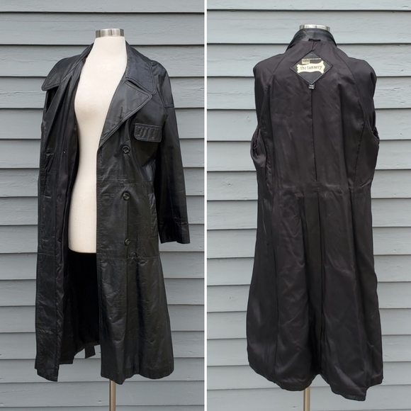 Vintage 70s Black Leather Double Breasted Belted Punk Goth Boho Trench Coat Md - Picture 2 of 6
